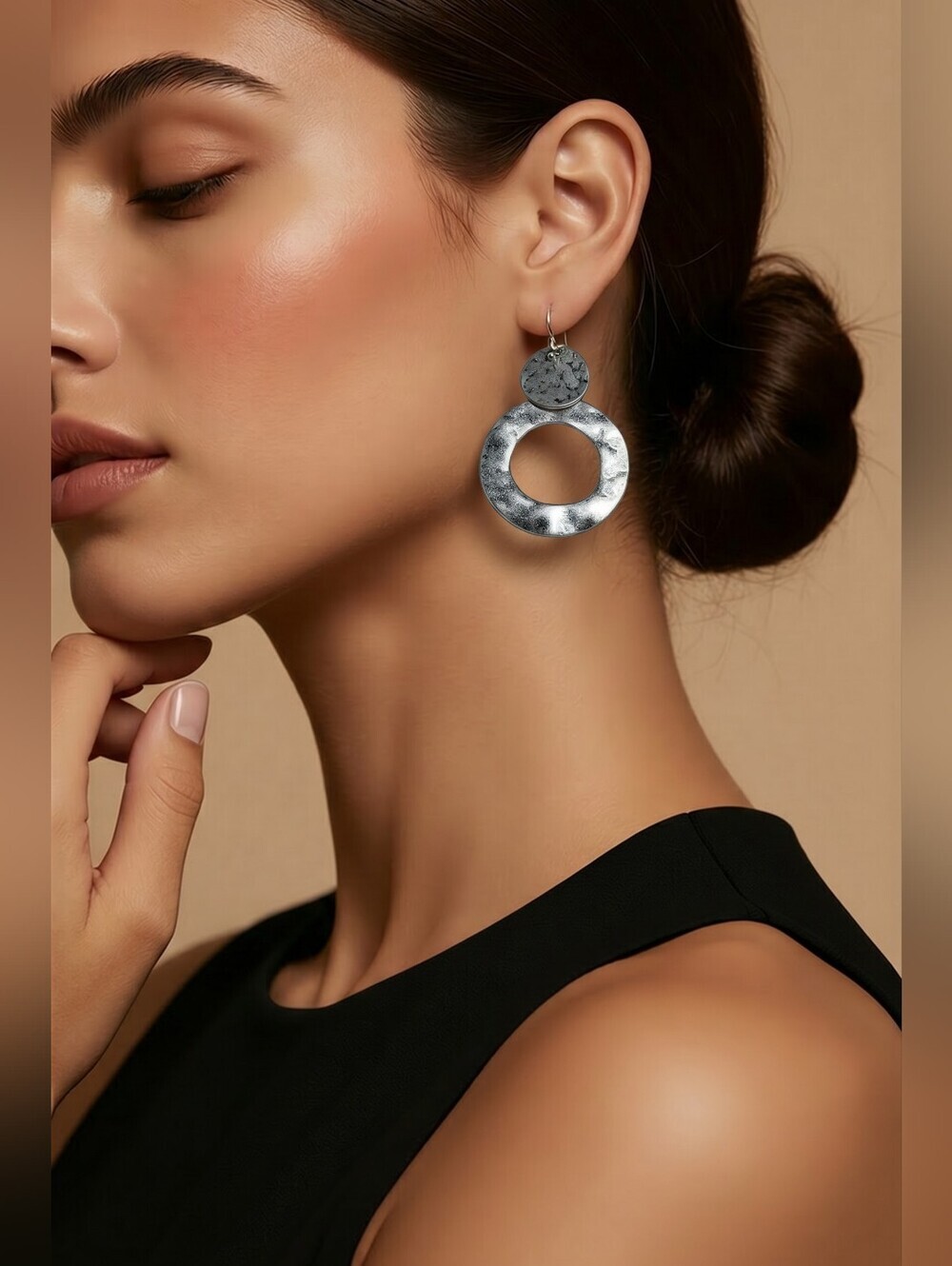 NWT NADINE WEST Silver Hammered O Ring Drop Earrings ~2"